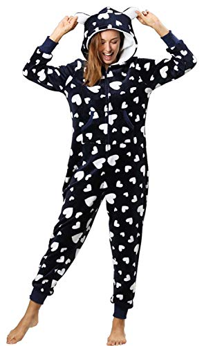 Orshoy Damen Onesie im Herzdesign Jumpsuit, Onesie, Overall, Einteiler mit Bündchen an Arm- und Beinabschluss Navy-Weiß S von Orshoy