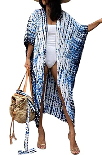 Orshoy Damen Rayon Kimono Cardigan Bikini Cover Up Print Leichte Strand Offene Front Jacke für Sommer Bedecken Pareos Baumwolle für Urlaub Oberteil Tops A-Weiß Blau von Orshoy