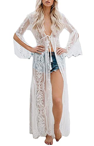 Orshoy Damen Sommer Bikini Cover up Bikini Strandkleid Lang Strand Cardigan Kimono Leichte Strickjacke Beachwear Sexy Open Front Beach Cover Up F-Weiß von Orshoy