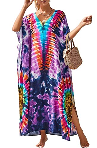 Orshoy Damen Sommerkleid V Ausschnitt Floral Freizeitkleider Party Boho Beach Maxi Dress Strandponcho Bikini Cover Ups Bikini Beachwear Boho Strandtunika für Urlaub und Strand A-Violett Blau von Orshoy