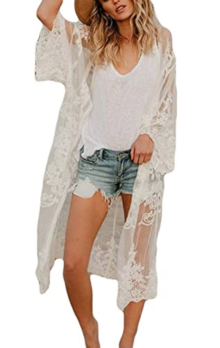 Orshoy Damen Spitze Kimono Cardigan Bikini Cover Up Strand Umhang Bedecken Pareos Leichte Boho Strand Jacke Spitzen Strandpocho Kaftan Strandkleid Sleepwear Weiß7 von Orshoy