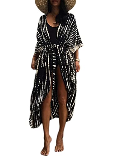 Orshoy Damen Strandkleid Bedecken Pareos Bikini Cover Up Strandponcho Kimono Cardigan Morgenmantel Lange Sommer Bluse Strand Bademode Bikini Umhang Strand Cover Up A-Schwarz 1 von Orshoy