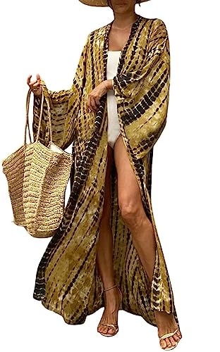 Orshoy Damen Strandkleid Bedecken Pareos Bikini Cover Up Strandponcho Kimono Cardigan Morgenmantel Lange Sommer Bluse Strand Bademode Bikini Umhang Strand Cover Up E-Schwarz gelb von Orshoy