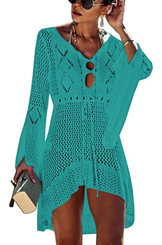 Orshoy Damen Strandkleid Gehäkelt Sommerkleid Bikini Cover Up Sommer Bademode Longshirt Tunika Strandponcho Grün von Orshoy