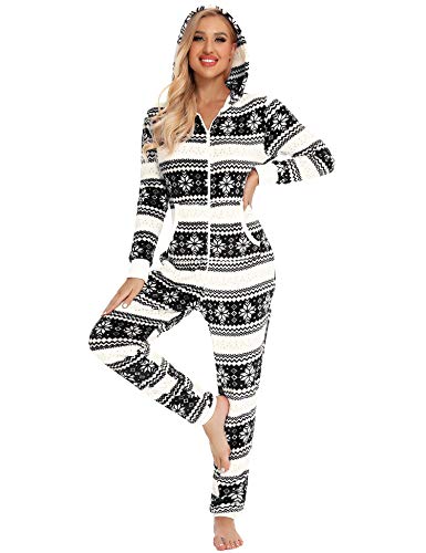 Orshoy Weihnacht Schlafoverall Jumpsuit Strampler für Erwachsene einteiliger Schlafoverall aus Fleece, Einteiler für Erwachsene, Unisex-Fleece-Schlafanzug Schwarz(Eiskristalle) S von Orshoy