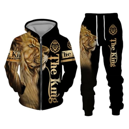 Osheoiso 2 Teilig Herren Jogginganzug Bekleidungsset mit Löwen Tigermuster Zweiteiler Sportanzug Freizeitanzug Outfit Set Sweatshirt Hoodie Zip Jacke Sweathose A 1 M von Osheoiso