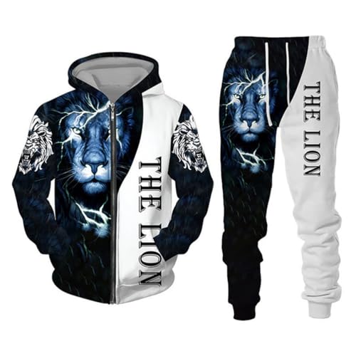 Osheoiso 2 Teilig Herren Jogginganzug Bekleidungsset mit Löwen Tigermuster Zweiteiler Sportanzug Freizeitanzug Outfit Set Sweatshirt Hoodie Zip Jacke Sweathose A 7 3XL von Osheoiso