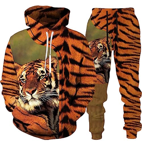 Osheoiso 2 Teilig Herren Jogginganzug Bekleidungsset mit Löwen Tigermuster Zweiteiler Sportanzug Freizeitanzug Outfit Set Sweatshirt Sweathose J 2 M von Osheoiso