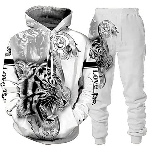 Osheoiso 2 Teilig Herren Jogginganzug Bekleidungsset mit Löwen Tigermuster Zweiteiler Sportanzug Freizeitanzug Outfit Set Sweatshirt Sweathose J 9 3XL von Osheoiso