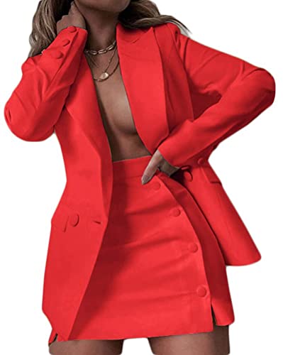 Osheoiso 2 Teiliger Damen Business Blazer mit Kurzem Anzug Rock Anzug Zweiteiler Elegant Einfarbig Anzug Set Langarm Kleine Sommer Leicht Mantel Blazerjacke A Rot 3XL von Osheoiso