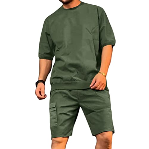 Osheoiso 2 Teiliges Sommer Sportanzug T-Shirts + Kurze Hose Casual Freizeitanzug Suit Outfit Kurzarm Sporthose Mit Taschen T-Shirt Männer Trainingsanzug C Armeegrün XXL von Osheoiso