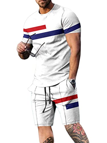 Osheoiso 2 Teiliges Sommersportanzug T-Shirts + Kurze Hose Druck Freizeitanzug Suit Vintage Set Kurzarm Sporthose T-Shirt Männer Casual Trainingsanzug Sporthose A 8 M von Osheoiso