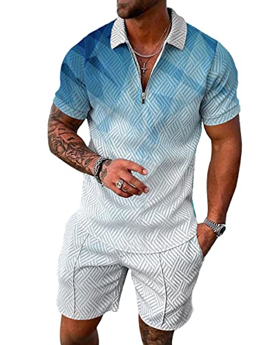 Osheoiso 2 Teiliges Sommersportanzug T-Shirts + Kurze Hose Sets Casual Freizeitanzug Suit Outfit Kurzarm Sporthose T-Shirt Herren Trainingsanzug Sporthose Mit Taschen A 19 L von Osheoiso