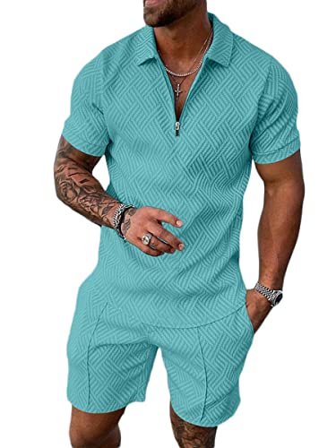 Osheoiso 2 Teiliges Sommersportanzug T-Shirts + Kurze Hose Sets Casual Freizeitanzug Suit Outfit Kurzarm Sporthose T-Shirt Männer Trainingsanzug Sporthose Mit Taschen A Blauer See S von Osheoiso