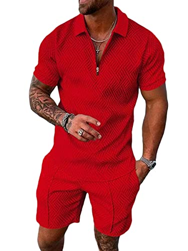 Osheoiso 2 Teiliges Sommersportanzug T-Shirts + Kurze Hose Sets Casual Freizeitanzug Suit Outfit Kurzarm T-Shirt Männer Trainingsanzug Sporthose mit Reißverschluss A Rot XXL von Osheoiso