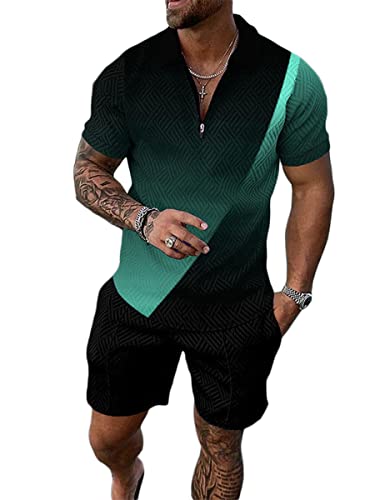 Osheoiso 2 Teiliges Sommersportanzug T-Shirts + Kurze Hose Sets Casual Freizeitanzug Suit Outfit Kurzarm T-Shirt Männer Trainingsanzug Sporthose mit Reißverschluss Pattern C XL von Osheoiso