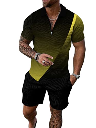 Osheoiso 2 Teiliges Sommersportanzug T-Shirts + Kurze Hose Sets Casual Freizeitanzug Suit Outfit Kurzarm T-Shirt Männer Trainingsanzug Sporthose mit Reißverschluss Pattern D XXL von Osheoiso