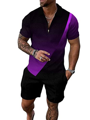 Osheoiso 2 Teiliges Sommersportanzug T-Shirts + Kurze Hose Sets Casual Freizeitanzug Suit Outfit Kurzarm T-Shirt Männer Trainingsanzug Sporthose mit Reißverschluss Pattern E S von Osheoiso