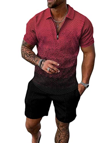 Osheoiso 2 Teiliges Sommersportanzug T-Shirts + Kurze Hose Sets Casual Freizeitanzug Suit Outfit Kurzarm T-Shirt Männer Trainingsanzug Sporthose mit Reißverschluss Pattern F L von Osheoiso