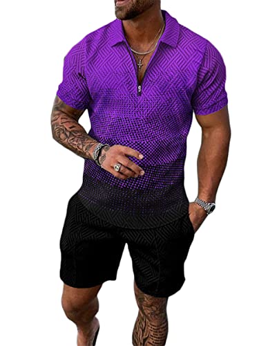 Osheoiso 2 Teiliges Sommersportanzug T-Shirts + Kurze Hose Sets Casual Freizeitanzug Suit Outfit Kurzarm T-Shirt Männer Trainingsanzug Sporthose mit Reißverschluss Pattern H M von Osheoiso