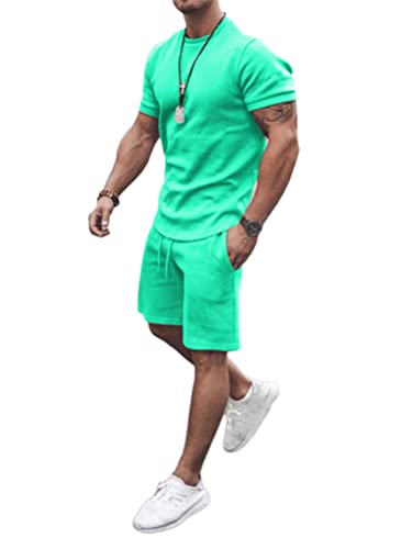 Osheoiso 2 Teiliges Sommersportanzug T-Shirts + Kurze Hose Sets Freizeitanzug Suit Outfit Sport Set Kurzarm Sporthose T-Shirt Männer Trainingsanzug Sporthose Mit Taschen A Blauer See L von Osheoiso