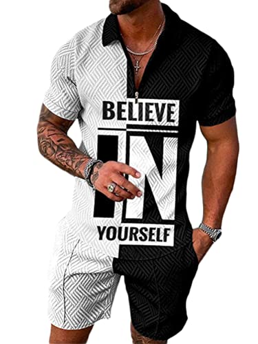 Osheoiso 2 Teiliges T-Shirt und Hosen Sets Herren Polo Shirt Shorts Jogginganzug Druck Freizeitanzug Mode Outfit Kurze Sweathose für Männer Sommer Freizeitanzug A 1 XXL von Osheoiso