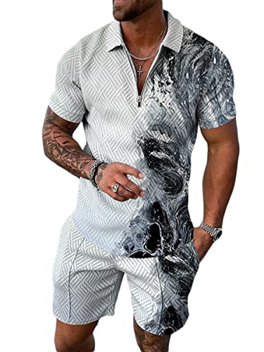 Osheoiso 2 Teiliges T-Shirt und Hosen Sets Herren Shirt Shorts Jogginganzug Casual Freizeitanzug Outfit Herren Pyjamahose Pyjama Kurze Hose für Männer Trainingsanzug Pattern B M von Osheoiso