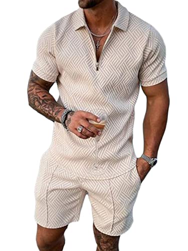 Osheoiso 2 Teiliges T-Shirt und Hosen Sets Herren Shirt Shorts Jogginganzug Casual Freizeitanzug Outfit Sweathose Kurze für Herren Polo Arbeitshemd Sommersportanzug A Khaki XL von Osheoiso