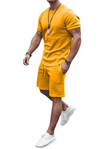 Osheoiso 2 Teiliges T-Shirt und Hosen Sets Herren Shirt Shorts Jogginganzug Einfarbig Freizeitanzug Outfit Sweathose Kurze für Männer Sommersportanzug Sets Freizeitanzug A Gelb XL von Osheoiso