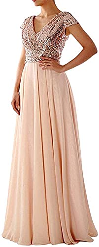 Osheoiso Abendkleid Damen Wickelkleid Paillette Brautjungfernkleider Cocktailkleid Ärmellos Spitzenkleid Sommer Kleid Lange Freizeitkleid Brautjungfernkleid B Beige XL von Osheoiso