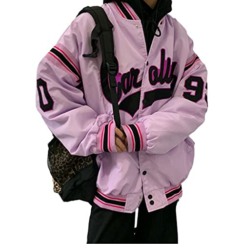 Osheoiso Bomberjacke Damen Sweatjacke Ladies College Sweat Jacket Für Frauen Oversized Patchwork Jacke Vintage Druck Jacken Baseball Mantel A Violett M von Osheoiso