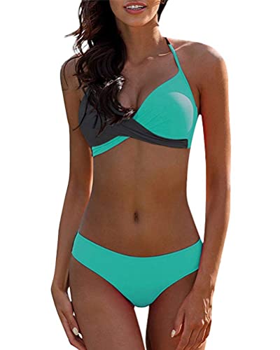 Osheoiso Damen Bademode Push Up Bikini Set Zweiteilige Badeanzug Strandkleidung Crossover Neckholder Triangel Oberteil Bikinihose Sexy Halter V Ausschnitt Sportlich Bikini A Grün 3XL von Osheoiso