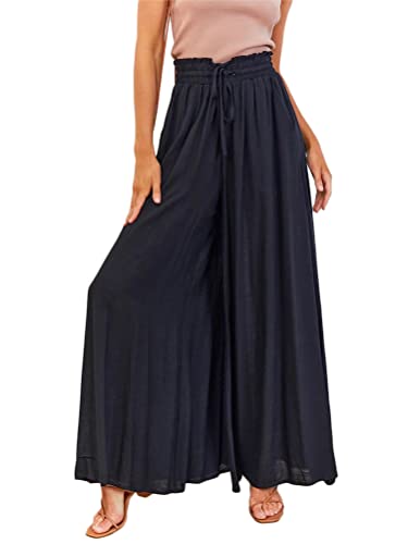 Osheoiso Damen Culottes Loose Weites Bein Pumphose Haremshose Basic Einfarbig Leichte Elegante Leinenhose Strandhose Hohe Taille Elastischer Bund Freizeithose A Schwarz XXL von Osheoiso