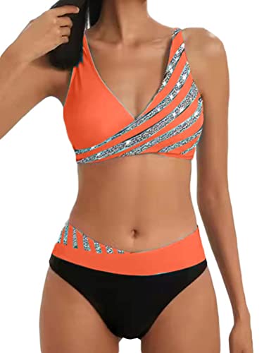 Osheoiso Damen Geteilter Badeanzug Push Up Bikini Set Neckholder Bikini Oberteil Bikini Vintage Damen Bademode Sport Zweiteiliger Badeanzug Oversized A Orange M von Osheoiso