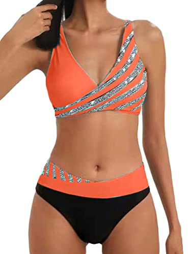 Osheoiso Damen Geteilter Badeanzug Push Up Bikini Set Neckholder Bikini Oberteil Bikini Vintage Damen Bademode Sport Zweiteiliger Badeanzug Oversized A Orange XXL von Osheoiso