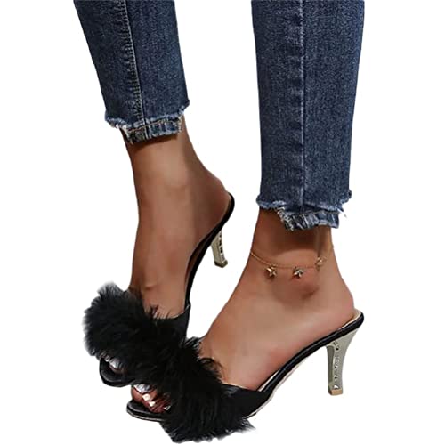 Osheoiso Damen Mode Sandaletten High Heels Sandalen Stiletto Absätze Damenschuhe Chic Sandalen Faux Feder Slip-On Spitz Zehe Kopf Sandaletten Stiletto Pumps A Schwarz 42 EU von Osheoiso