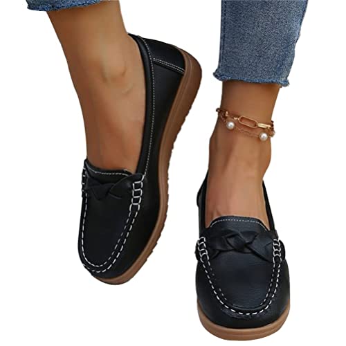 Osheoiso Damen Mokassins Schuhe Bootsschuhe Lauflernschuhe Vintage Leder Halbschuhe Sommer Lässige Atmungsaktive Fahrmode Mädchen Weiche Schuhe Slippers A Schwarz 40 EU von Osheoiso