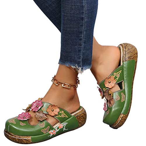 Osheoiso Damen Sandalen Sommer Clogs Hausschuhe Bequeme Support rutschfeste Atmungsaktiv Vintage Sandalette Schuhe Dicker Walking Flip Flop Gartenschuhe C Grün 41 EU von Osheoiso