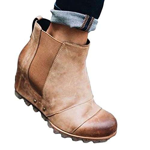 Osheoiso Damen Schuhe Stiefelette Winterschuhe Keilabsatz Mode Bequem Kurz Stiefel Outdoorstiefel Vintage High Heels Boots Khaki 42 EU von Osheoiso