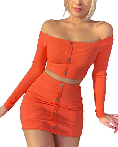 Osheoiso Damen Sexy Top mit Kurzem Rock Sets 2 Piece Bodycon Langarm Minirock Elegant Kurzem Rock Sets Einfarbig Outfit Rock Langarm Top D Orange XL von Osheoiso