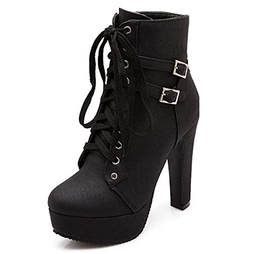 Osheoiso Damen Stiefel High Heels Plateau mit Schnalle Blockabsatz Klassische Elegant Stiefeletten Boots Schnürschuhe Kurze Damenstiefel A Schwarz 42 EU von Osheoiso