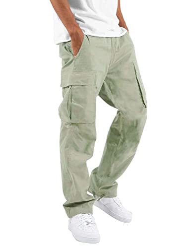 Osheoiso Herren Cargo Hosen Lang Regular Fit Vintage Jogginghose mit Mehrere Tasche Casual Männer Loose Weite Outdoorhose Trainingshose Mode Business Hose A Hellgrün L von Osheoiso