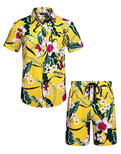 Osheoiso Herren Casual Floral Blumenmuster Hawaiihemd Strandshorts Blumenhemd T-Shirts + Kurze Hose Set Beach Freizeithemden Strand Surf Shorts Freizeitanzug Sommer Pattern B 4XL von Osheoiso