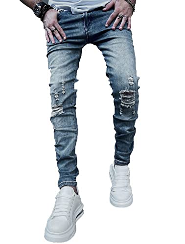 Osheoiso Herren Destroyed Jeans Biker Hose Herren Löcher Lang Jeans Denim Hose Vintage Männer Zerrissen Jeanshose Skinny Jeanshosen Bleistifthose Slim Fit E1 L von Osheoiso