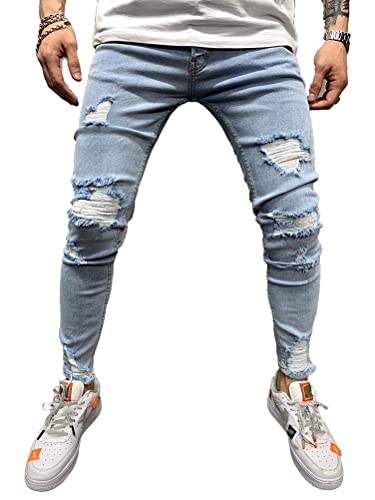 Osheoiso Herren Destroyed Jeans Biker Hose Herren Löcher Lang Jeans Denim Hose Vintage Männer Zerrissen Jeanshose Skinny Jeanshosen Bleistifthose Slim Fit E4 L von Osheoiso