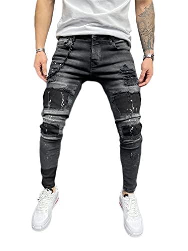 Osheoiso Herren Jeans Hose Slim Fit Denim Lange Destroyed Jeanshose für Männer Hip Hop Hose Coole Jungen Casual Stretch Freizeithose Schwarze Cargo Chino Hose A1 Schwarz M von Osheoiso