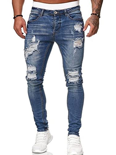 Osheoiso Herren Jeans Hose Slim Fit Denim Lange Destroyed Jeanshose für Männer Hip Hop Hose Coole Jungen Mode Stretch Freizeithose Schwarze Cargo Chino Hose Herbst A Blau XL von Osheoiso