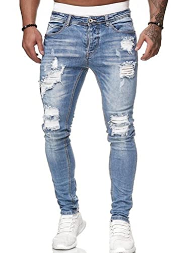 Osheoiso Herren Jeans Hose Slim Fit Denim Lange Destroyed Jeanshose für Männer Hip Hop Hose Coole Jungen Stretch Freizeithose Schwarze Chino Hose Herbst A Hellblau M von Osheoiso