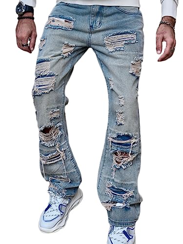 Osheoiso Herren Jeans Hose Slim Fit Denim Lange Destroyed Jeanshose für Männer Hip Hop Hose Coole Jungen Mode Stretch Freizeithose Schwarze Cargo Chino Hose Herbst G6 Hellblau XL von Osheoiso