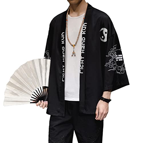 Osheoiso Herren Mode Kimono Cardigan Traditionelle Japanische Happi Bedruckter Kimono Retro Nachtwäsche Langarm Jacke Hemd Männer Yukata Kleidung Tops Kostüm Frühling A 1 L von Osheoiso